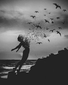 a woman standing on top of a rock near the ocean with birds flying around her