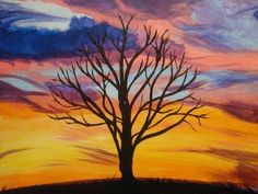 two paintings of trees against a colorful sky with clouds in the background and one painting on the wall