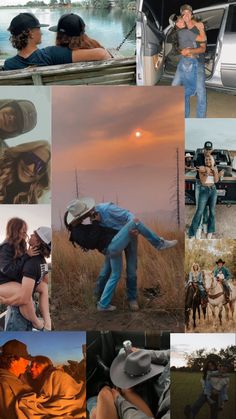 collage of photos with people and horses in the background, including one man kissing another woman's face