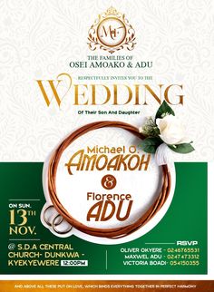 an advertisement for the wedding event with two rings and a flower on it's side