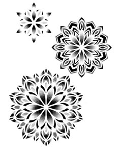 three black and white snowflakes are shown in this graphic file, one is drawn with