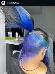 Blue And Purple Underneath Hair, Purplish Blue Hair, Blue Peekaboo, Mermaid Hair Color Peekaboo, Skunk Stripe Hair Blue, Blue Hair Dye Ideas, Purple Blue Hair, Blue Hair Ombre, Blue And Purple Hair