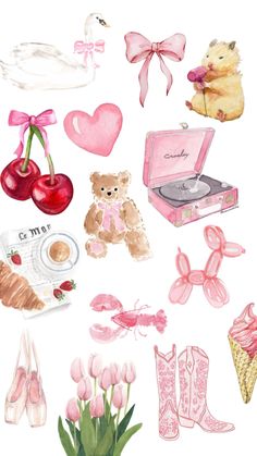 a watercolor painting of various items and flowers