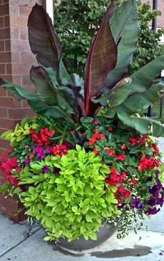 a planter filled with lots of colorful flowers and greenery next to a brick building