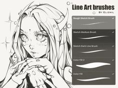 a drawing of a girl with long hair and eyes in black and white, next to the text line art brushes by ellimi