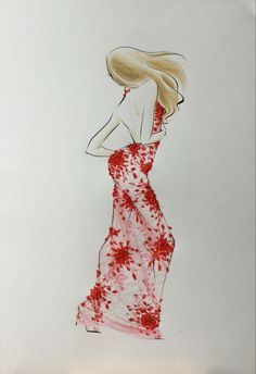 a drawing of a woman in a long dress with red flowers on the bottom half