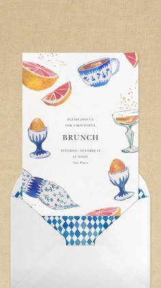 an envelope with some food on it and the words brunch written in white