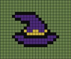 A pixel art template of a purple Witch hat with a bit of yellow. Piskel Art, Pixel Beads, Halloween Clothes