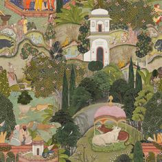 an artistic painting with people and animals in the background, surrounded by plants and trees