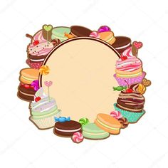 a round frame with many different types of cakes and cupcakes