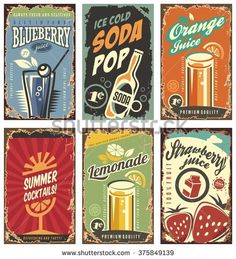 four different vintage style posters for summer cocktails and beverages, each with an image of a