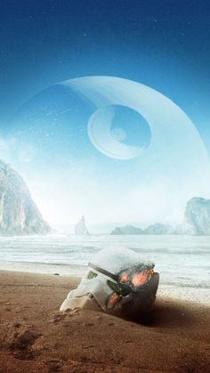 an artist's rendering of a planetary object on the beach with mountains in the background