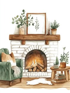 a watercolor painting of a living room with a fire place and potted plants