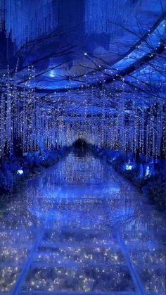 the inside of a building decorated with lights and chandeliers in blue hues