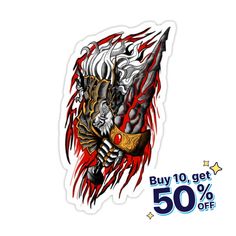 a sticker with an image of a demon on it's face and the words buy