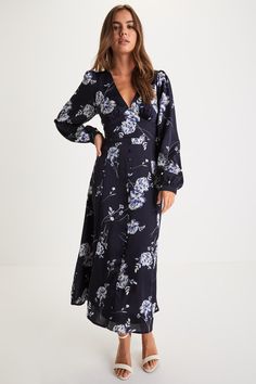 Navy Blue Midi Dress - Navy Floral Dress - Button-Front Dress - Lulus Navy Blue Dress Long Sleeve, Kourtney Wedding, Midi Long Sleeve Dress, Wedding Guest Dresses Long, Spring Wedding Guest Dress, Navy Blue Midi Dress, Gathered Bodice, Long Sleeve Wrap Dress, Navy Floral Dress