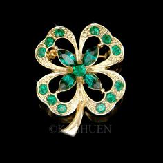 "Great GIFT for yourself to match the CHRISTMAS / ST. PATRICK'S DAY costume!! This stunning cut out Gold Tone 4 Leaf Clover brooch is inlayed with Green SWAROVSKI crystals in Original Rhodium Plating. This sparkling pin measuring 7/8\" wide X 1 1/8\" high (22mm X 27mm). Crystal Color: Emerald Green Great piece for your collection! Prices are in US$. For shipping policies and other important information, click on \"profile\" on the right. See an item that you like but has already been sold? Conta Pink Dragonfly, Christmas Gift Items, Irish Saints, Stick Earrings, Irish Jewelry, Clover Charm, Brooch Jewelry, Christmas Mom, Saint Patrick