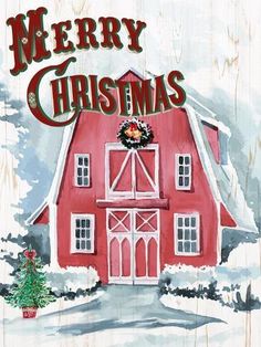 a painting of a red barn with christmas decorations on it