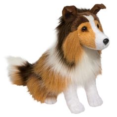 a brown and white stuffed dog on a white background