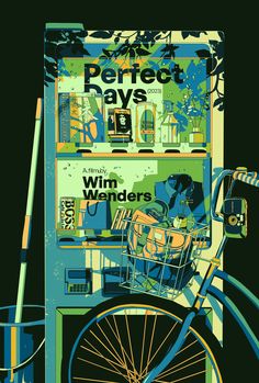 a bicycle is parked in front of a vending machine that says perfect rays 50