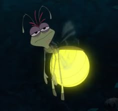 a cartoon character holding a glowing ball in the dark