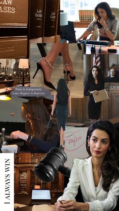 a collage of photos with women in high heels and law books on the wall