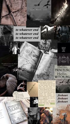 a collage of books and images with the words to whatever end to whatever end to whatever end