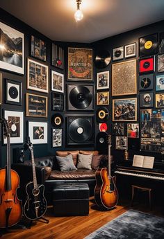 a living room filled with lots of pictures and guitars