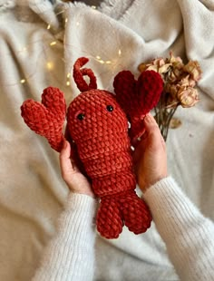 a person holding a red stuffed animal in their left hand and some dried flowers on the right