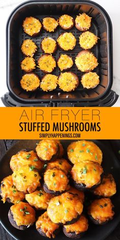 an air fryer filled with stuffed mushrooms on top of a black plate next to other food