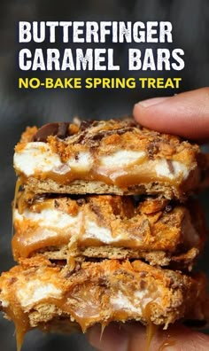 a close up of a person holding a piece of food in their hand with the text butterfingerer caramel bars no - bake spring treat