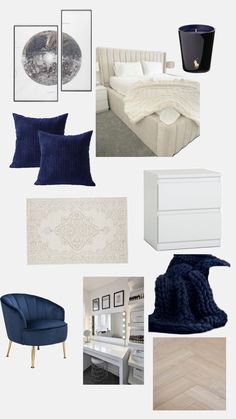 a collage of blue and white items including a bed, chair, rugs, pictures