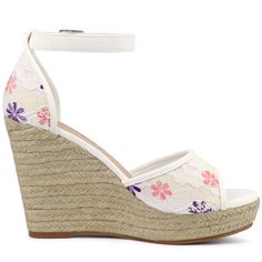 The lace espadrille wedge sandals have a lace upper and wedge heels which add a touch of style to your everyday look. These wedge sandals are perfect for casual-style dresses, shorts, jeans, pants, etc. The wedges heel makes this pair a breeze to walk around in and is suitable for any occasion. It is also a good gift for your mother or friends. High Heel Synthetic Espadrilles For Spring, Synthetic High Heel Espadrilles For Spring, Espadrille Wedge Heels For Spring, Spring Espadrille Wedge Heels, White Espadrille Wedge Sandals For Spring, White Espadrille Wedge Sandals With High Heel, White Espadrille Heels For Summer, White High Heel Espadrilles For Spring, Spring Lace Heels