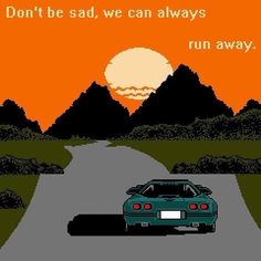 a car driving down a road with the sun setting in the background and an orange sky