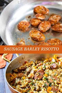 sausage barley risotto in a skillet with carrots