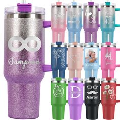 the travel mug with handle is shown in different colors