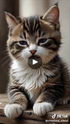 a kitten sitting on top of a wooden table