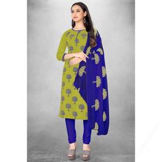 Bright and appealing, this pear-green cotton churidar suit will provide you with unmatched all-day comfort. This round neck and 3/4th sleeve churidar suit us highlighted with resham thread work. Paired with cotton churidar in blue color with blue nazneen dupatta. Churidar has plain work. Dupatta beautified with resham thread work. This churidar suit can be customized up to the maximum size available in inches 58.