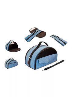 a blue and black dog carrier with its contents laid out