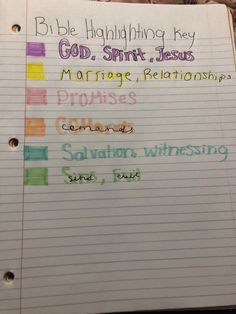 a notepad with writing on it that says, bible happling key god, spirit, jesus marriage, pelotions