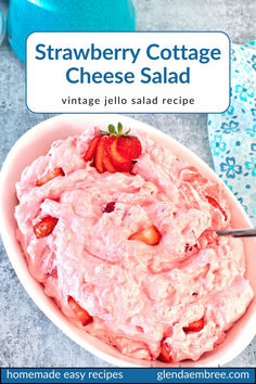 Strawberry Cottage Cheese Salad in a white, oval serving bowl. Strawberry Fluff Salad Cottage Cheese, Strawberry Cottage Cheese Jello Salad, Hello Cottage Cheese Salad, Cottage Cheese Jello Salad Recipes, Cottage Cheese Salad Recipes, Cottage Cheese Fruit Salad, Pink Salad Recipe, Cottage Cheese Strawberry