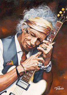 a painting of an older man holding a guitar