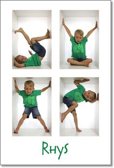 four photos of a young boy in green shirt and shorts doing different poses with the words rhys