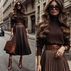 Chic Wear Style Fashion, Luxurious Style Fashion, Elegant Modern Style, Elegant Clothing For Women, Classy Outfits Winter Chic, Chic Autumn Outfits Classy, Elegant Wear For Women, Brown Skirt Styling, Winter Outfit With Dress