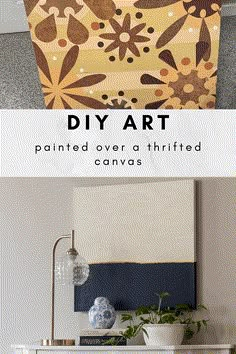 an old dresser is transformed into a modern art piece by painting over a thrifted canvas