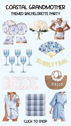 a collage of photos with text that reads coastal grandmother theme bachelor party, bridal to