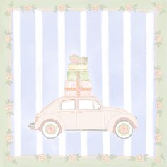 a pink car with a stack of cakes on the roof is in front of a blue and white striped background