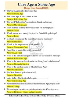 the cave age or stone age worksheet is shown in yellow and black text