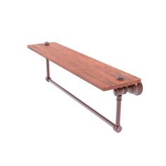 a wooden shelf with two metal bars on it's sides and a white background