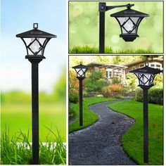 three different views of a lamp post in the grass and on the ground, along with pictures of it